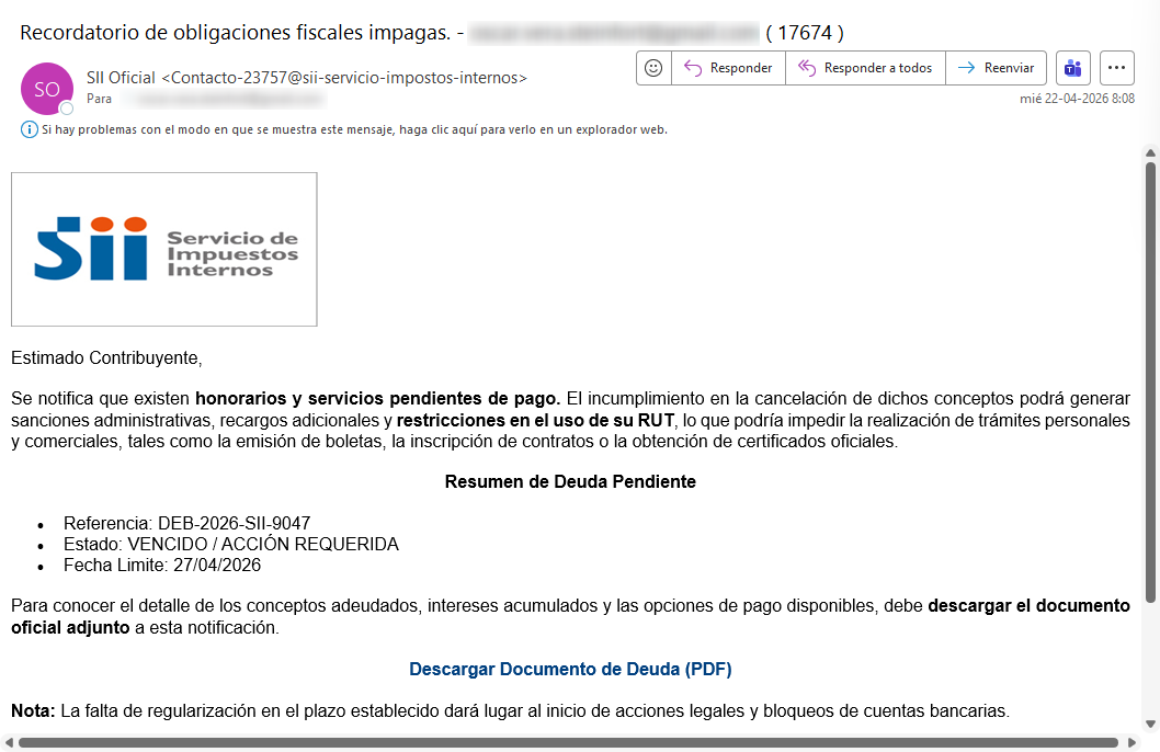 Imagen de la noticia: Servicio de Impuestos Internos (SII) - Campaña Fraudulenta (CSIRT Chile Alertas API)
