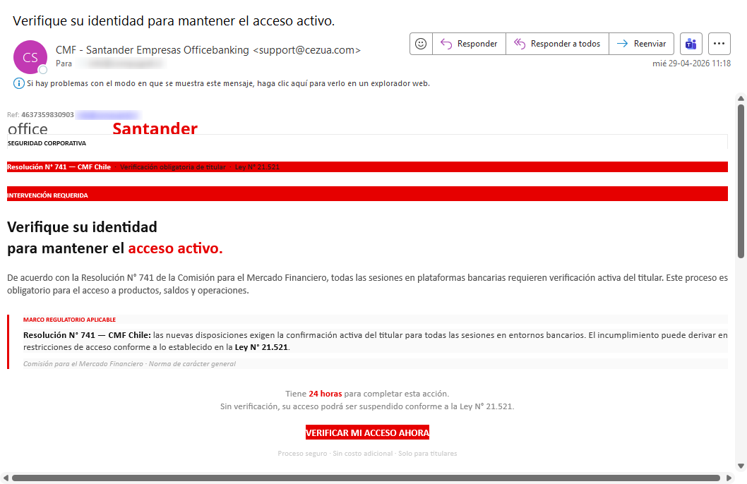 Imagen de la noticia: Santander - Campaña Fraudulenta (CSIRT Chile Alertas API)