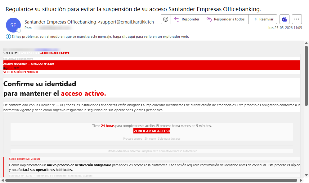 Imagen de la noticia: Banco Santander - Campaña Fraudulenta (CSIRT Chile Alertas API)
