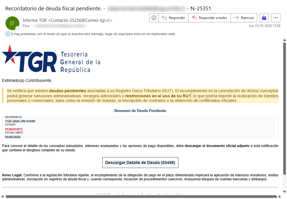 Imagen de la noticia: TGR - Campaña Fraudulenta (CSIRT Chile Alertas API)